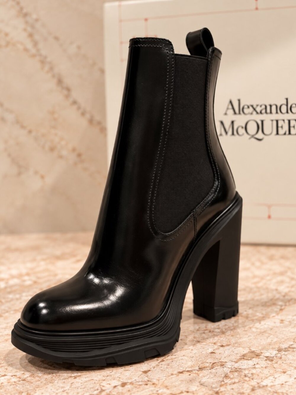Alexander McQueen Black Leather Tread Chelsea Boots 38.5 — New w/ Box
